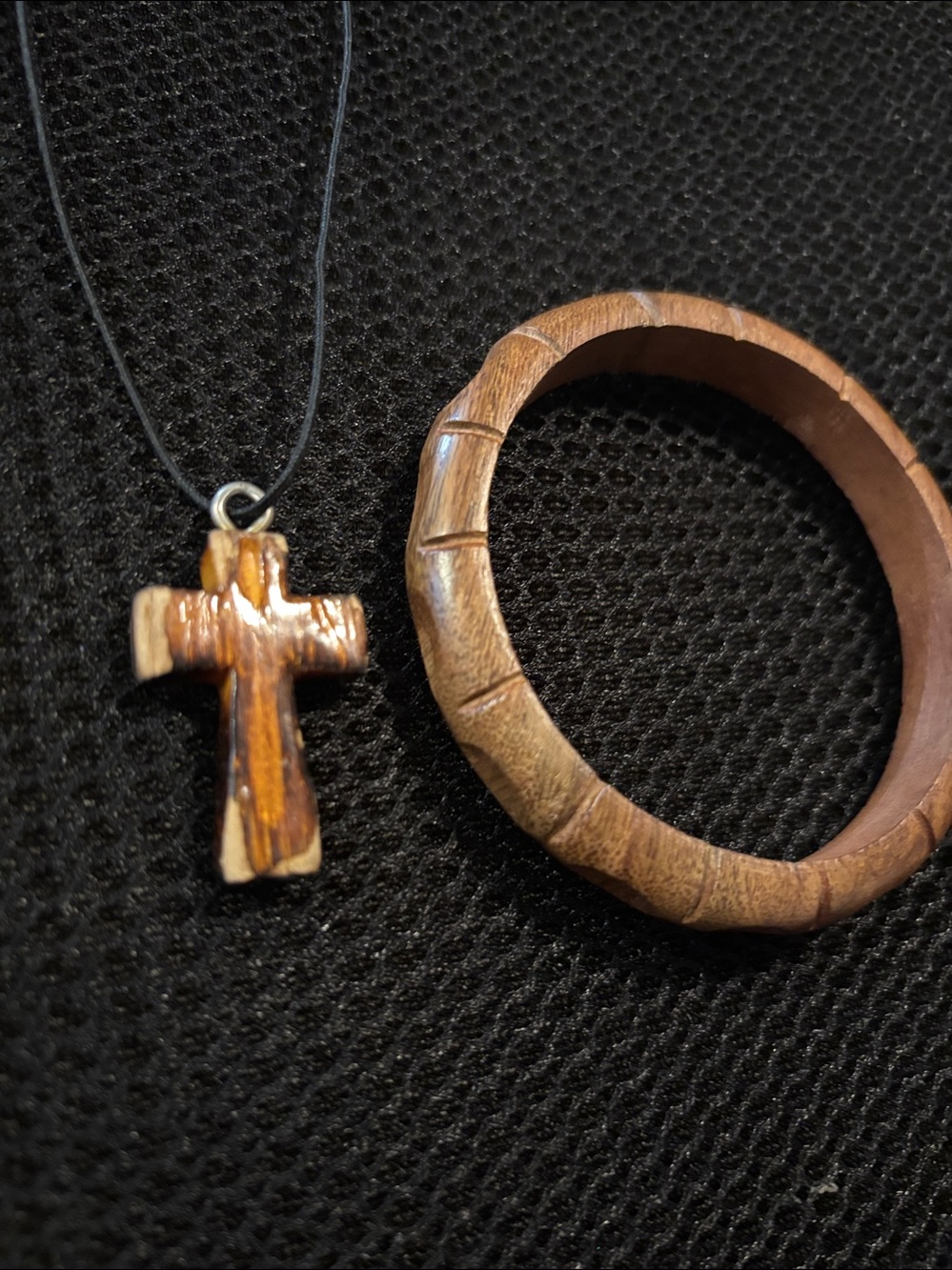 Wooden Carved Cross Necklace and Bangle Set - Brown Jewelry